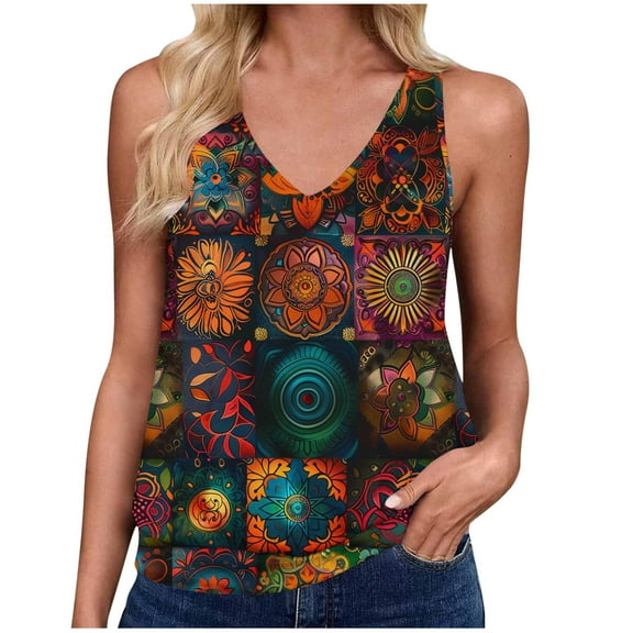 Generic Womens Summer Tank Tops Fashion Print V Neck Sleeveless Shirts Casual Loose Fit T Shirts Going Out Tunic Top