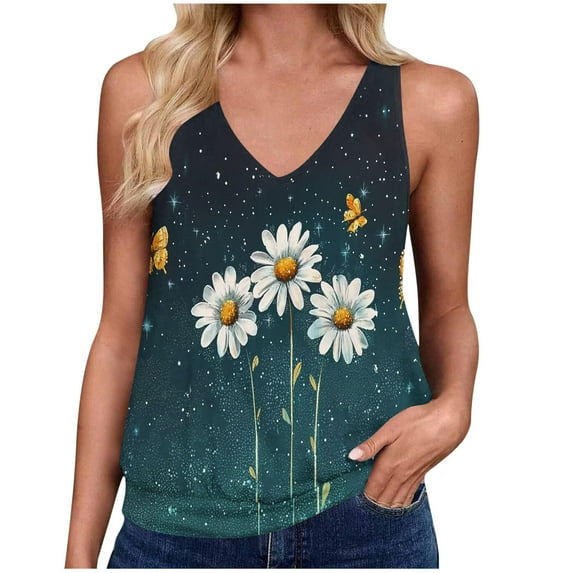 Generic Womens Summer Tank Tops Fashion Print V Neck Sleeveless Shirts Casual Loose Fit T Shirts Going Out Tunic Top