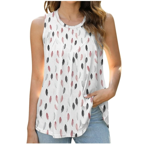 Generic Womens Summer Tank Tops Pleated Round Neck Sleeveless Tops for Women Casual Flowy