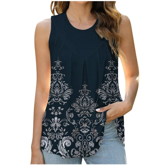 Generic Womens Summer Tank Tops Pleated Round Neck Sleeveless Tops for Women Casual Flowy