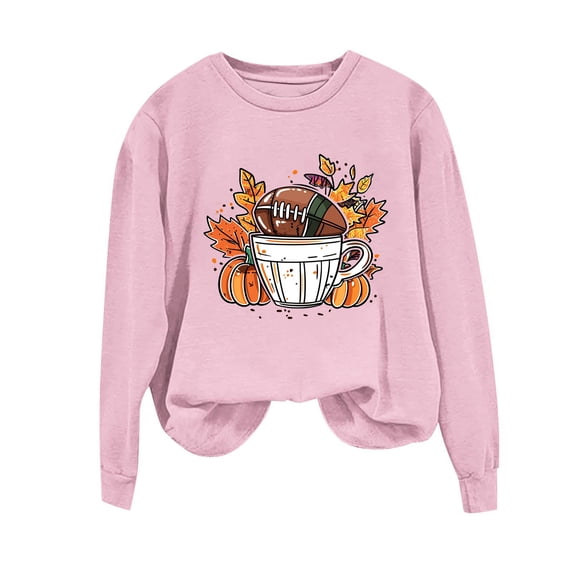 Generic Womens Thanksgiving Sweatshirts Funny Pumpkin Coffee Football Print Tshirt Fall Fashion Crew Neck Long Sleeve Shirts