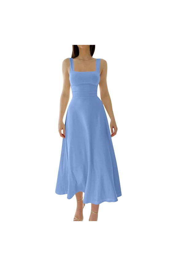 Womens Trendy Midi Dress Sleeveless Square Neck Flowy A Line Beach Dress High Waist Y2k Going Out Party Clothes