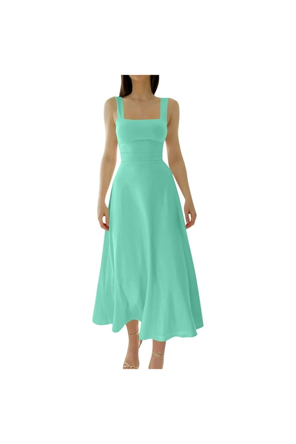 Womens Trendy Midi Dress Sleeveless Square Neck Flowy A Line Beach Dress High Waist Y2k Going Out Party Clothes