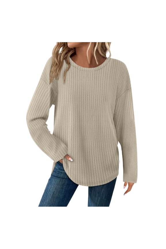 Womens Tunic Tops Loose Fit Dressy Waffle Knit Long Sleeve Shirts Casual Crewneck Curved Hem Fashion Tops