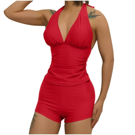 Generic Womens Two Piece Swimsuits Tummy Control Tankini Bathing Suit Sexy Halter V Neck Swimwear with Bikini Bottom