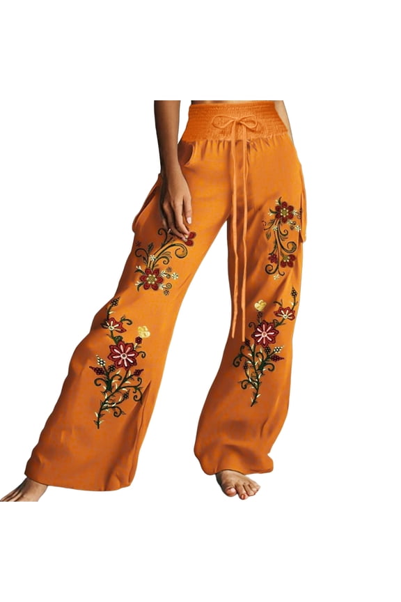 Womens Wide Leg Pants Boho Floral Palazzo Pants High Waist Boho Pleated Flowy Lounge Trousers Beach Vacation