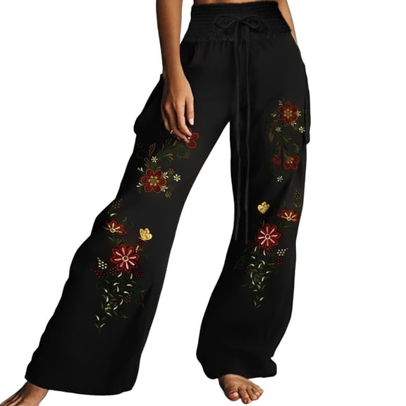 Generic Womens Wide Leg Pants Boho Floral Palazzo Pants High Waist Boho Pleated Flowy Lounge Trousers Beach Vacation