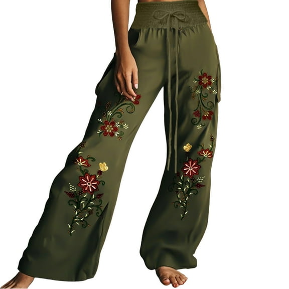 Generic Womens Wide Leg Pants Boho Floral Palazzo Pants High Waist Boho Pleated Flowy Lounge Trousers Beach Vacation