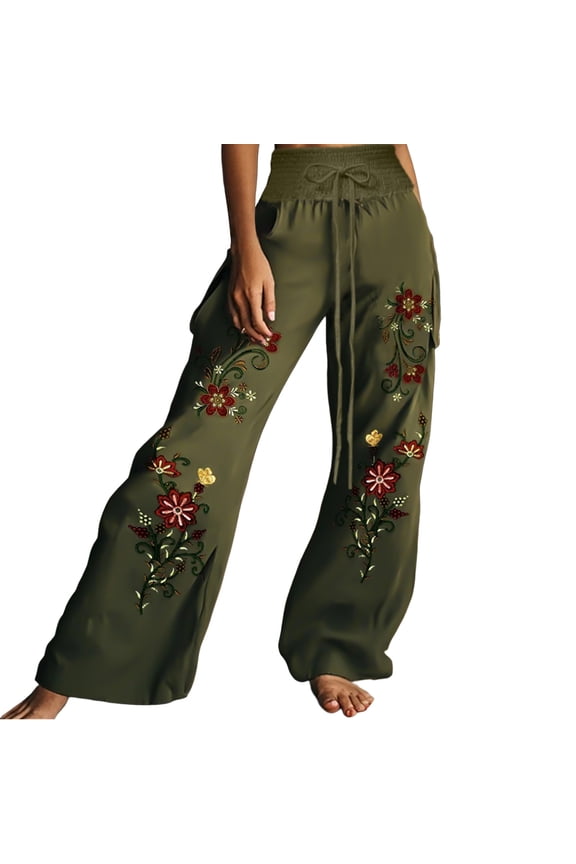 Womens Wide Leg Pants Boho Floral Palazzo Pants High Waist Boho Pleated Flowy Lounge Trousers Beach Vacation