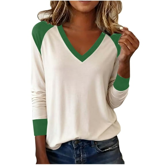 Generic Womens Workout Tops V Neck Color Block Sweaters Long Sleeve Knit Pullover Tops Comfy Cotton Basic Raglan T Shirts