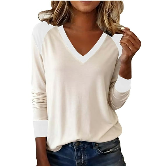 Generic Womens Workout Tops V Neck Color Block Sweaters Long Sleeve Knit Pullover Tops Comfy Cotton Basic Raglan T Shirts