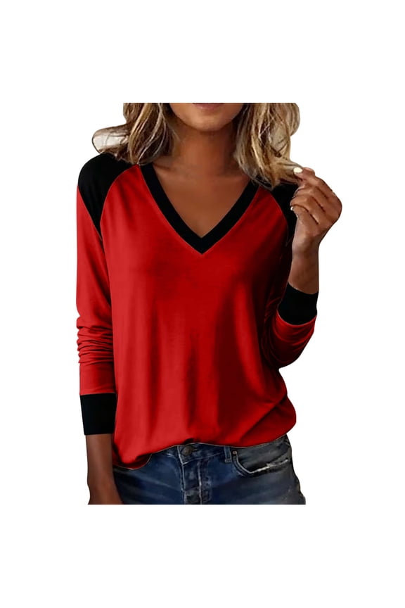 Womens Workout Tops V Neck Color Block Sweaters Long Sleeve Knit Pullover Tops Comfy Cotton Basic Raglan T Shirts