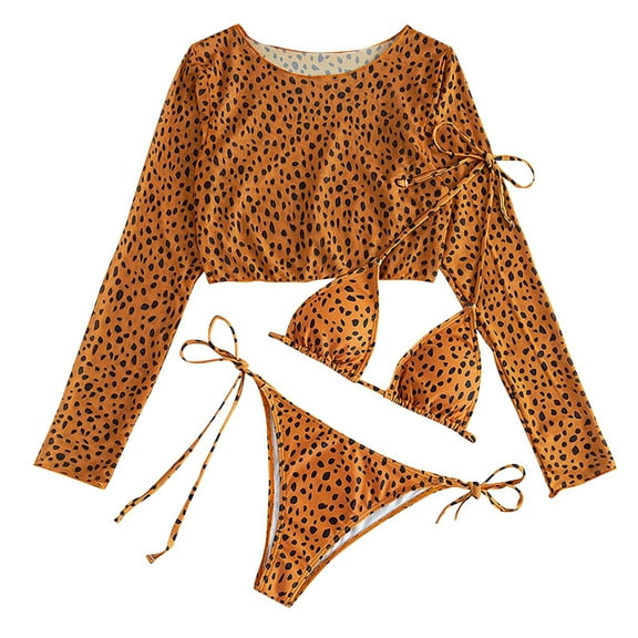 Generic Womens leopard printed Swimsuits Long Sleeve Bikini Protection Swimsuit Three-Pieces Bikini Set with Shorts