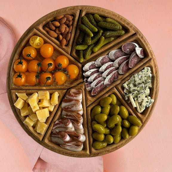 Generic Wood Serving Tray With Removable Dividers Round Chip Tray For Platter Snacks Party, Wooden Round Serving Tray With Dividers For Food Platters Party Appetizers Charcuterie