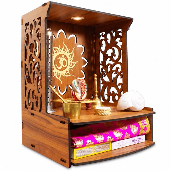 Generic Wooden Pooja Mandir for Home or Puja Temple Stand for Office and Shops with Led spot Light Product (H- 15.5, L- 11.5, W-11 Inch)
