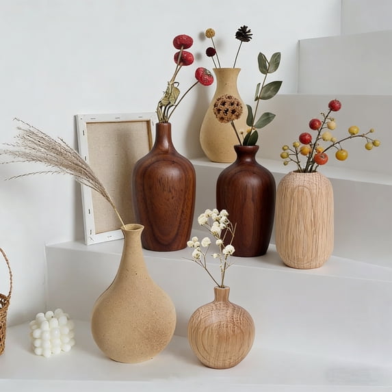 Generic Wooden Vase, Handmade Small Wood Vase, Rustic Farmhouse Home Decor for Dried/Artificial Flowers Living Room Kitchen Office Shelf Table Centerpiece by HAODEJW