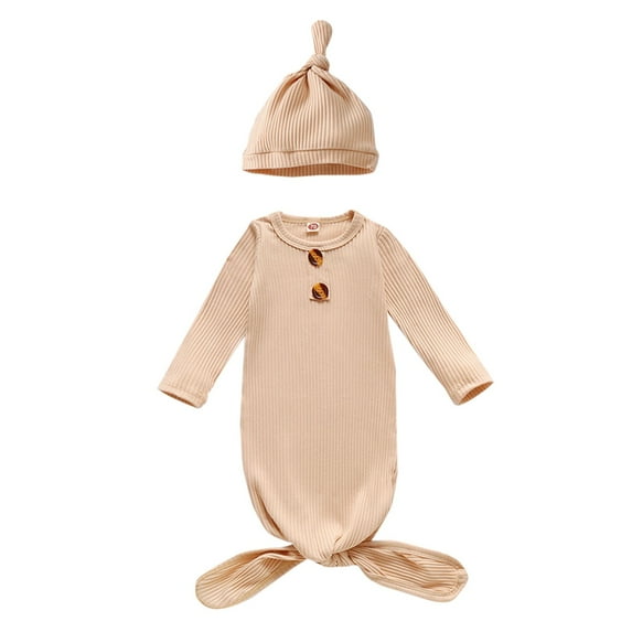 Generic Baby Boys Girls Hat Set Soft Viscose Sleeper Baby Sleep Gown with Mittens Bodysuit Long Sleeve Clothes Solid Color Fall Winter Outfits(0-3 Months,Beige)
