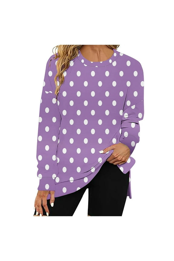  Womens Casual Polka Dot Slit Pullover Tops Crewneck Long Sleeve T Shirts 2024 Fall Loose Fit Shirts