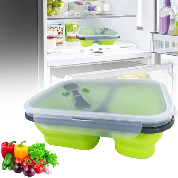 Generisch Foldable Meal Prep Container, 1100ml Green Silicone Lunch Box with Leak-Proof Lid and integrated Utensil, Microwave-Safe Collapsible Food Storage for Travel