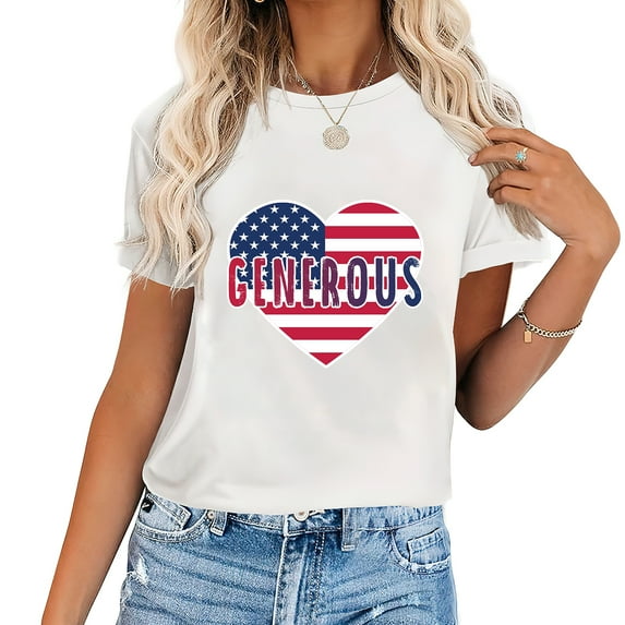 Generous USA Heart Shape American Flag Vintage Women's Casual T-Shirt with Graphics Perfect Birthday or Christmas Gift White