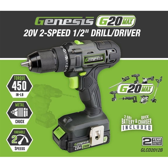 Genesis 20-Volt Cordless Li-Ion 2-Speed 1/2-In. Drill Driver, GLCD2012B, GLCD2012B