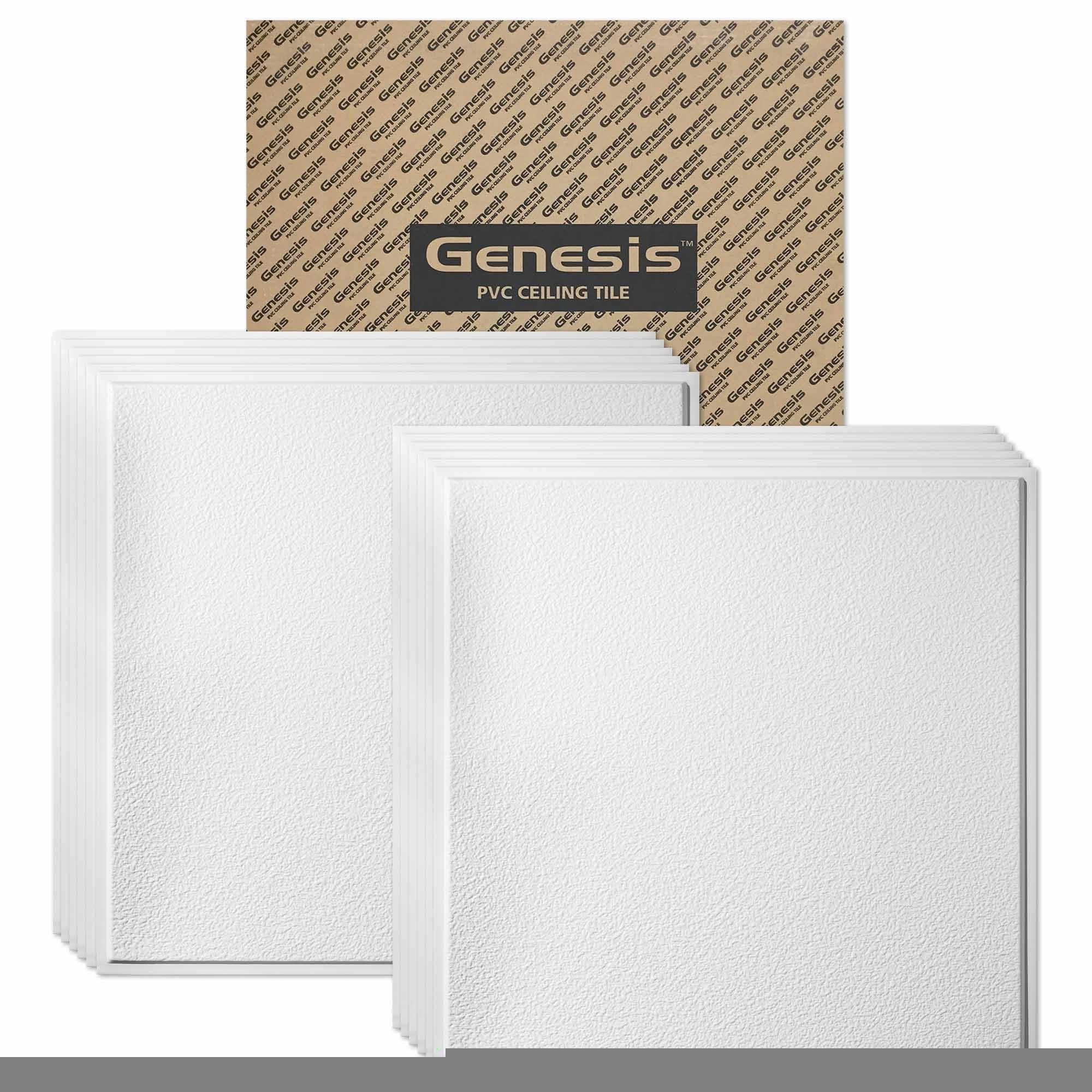 Genesis 2ft x 2ft White Stucco Pro Revealed Edge Ceiling Tiles - Easy Drop-in Installation – Waterproof, Washable and Fire-Rated - High-Grade PVC to Prevent Breakage - Package of 12 Tile