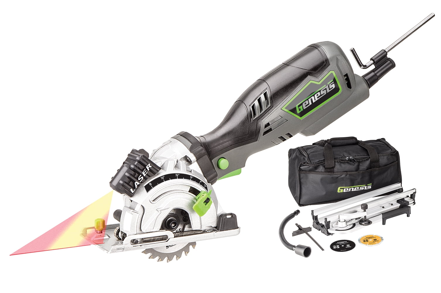 Genesis 3 1 2 in. Plunge Circular Saw Kit with Laser Accessory Bag Rip Guide Miter Base Vacuum Adapter Diamond Blade 44T and 24T blades