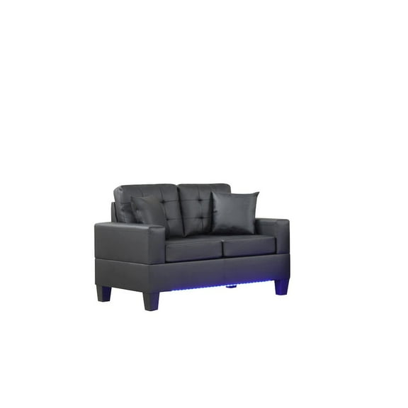 Lilola Home 55.5"W Black PVC Fabric Loveseat with LED Lights, USB Charger, Tufted Cushions