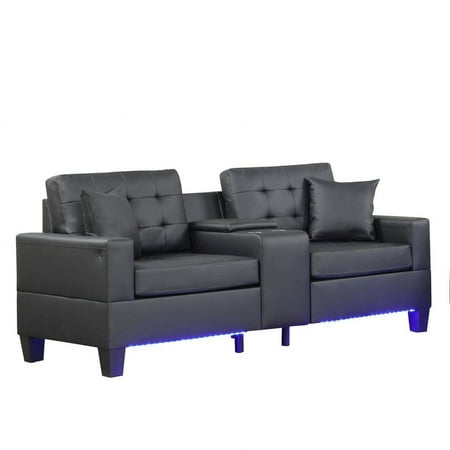 Lilola Home 85"W Black PVC Fabric Sofa with LED Lights, USB Charger, Storage Console