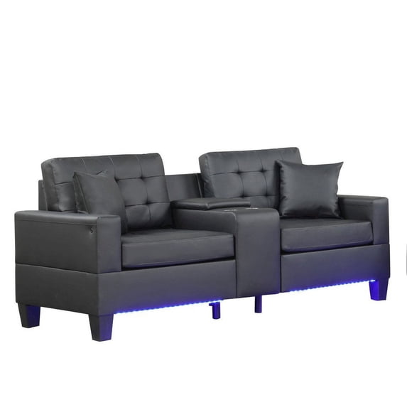 Lilola Home 85"W Black PVC Fabric Sofa with LED Lights, USB Charger, Storage Console