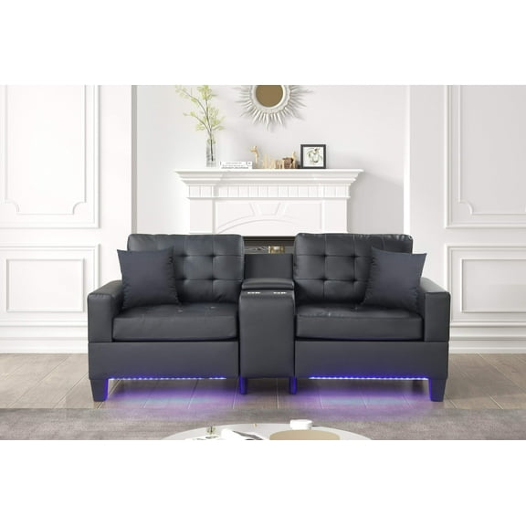 Genesis 85'W Black PVC Fabric Sofa with LED Lights, USB Charger, Storage Console, Cupholders, Tufted Cushions