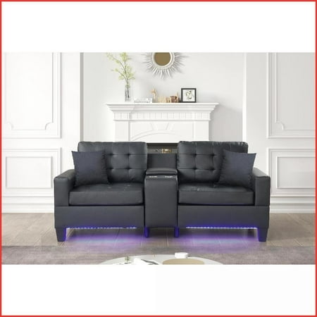 Genesis 85”W Modern Black PVC Sofa | Tight Back | Square Arms | LED Lights | USB Chargers | Storage Console
