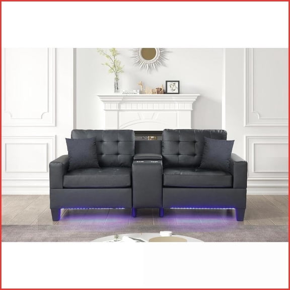 Genesis 85W Modern Black PVC Sofa | Tight Back | Square Arms | LED Lights | USB Chargers | Storage Console
