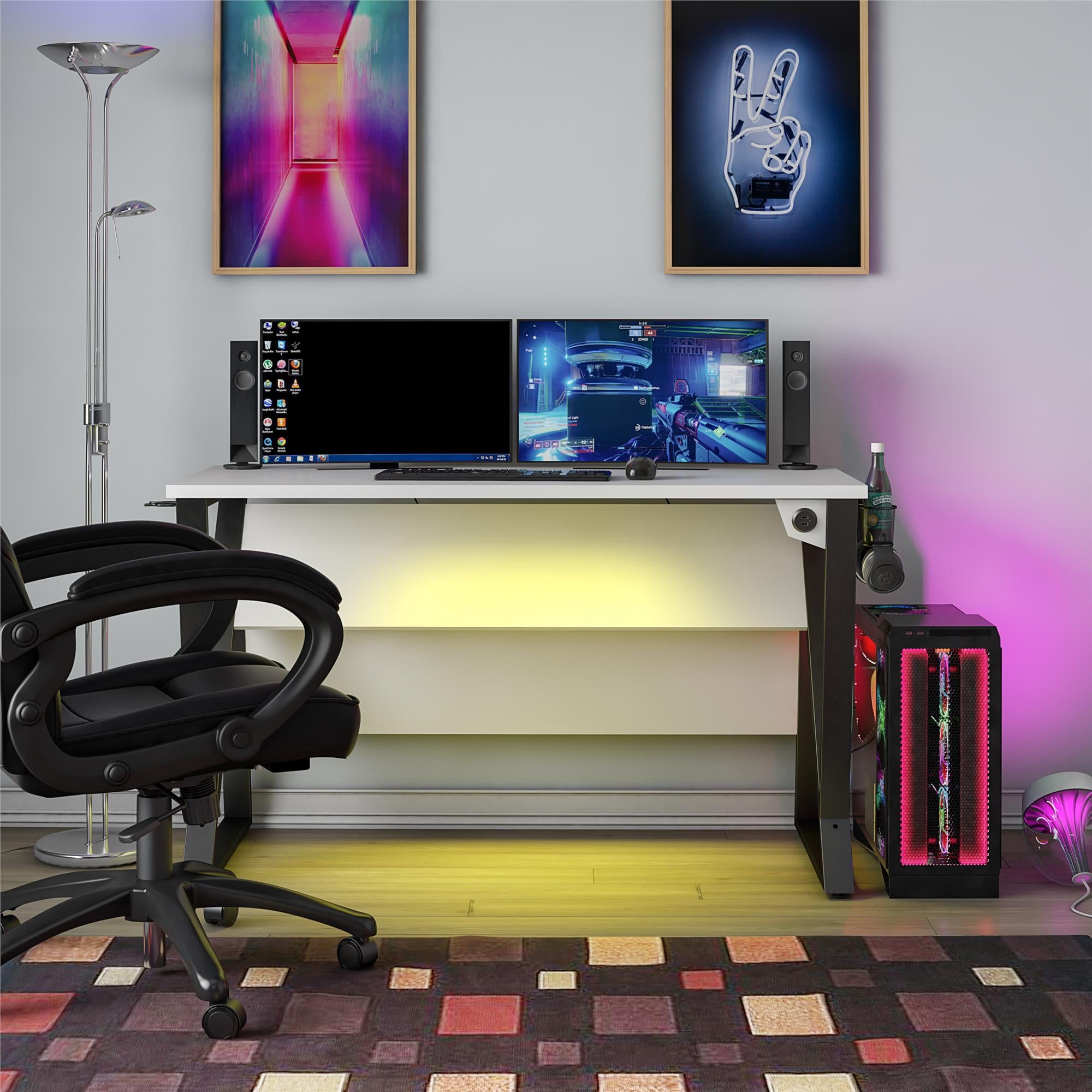 White Adjustable Height Gaming Desk with USB Port and Cup Holder