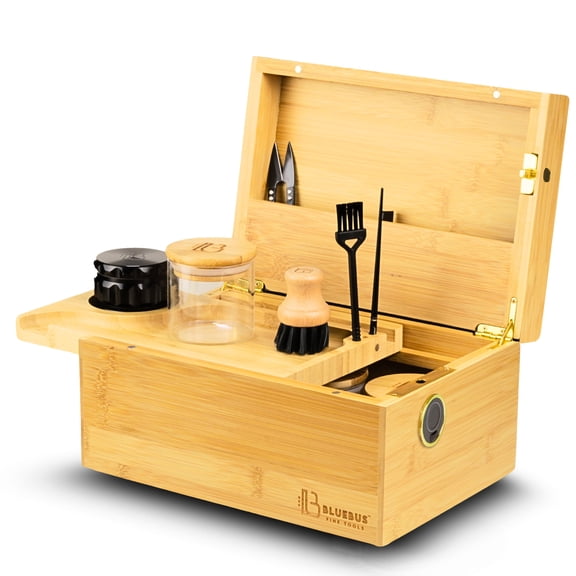 Genesis Bamboo Storage Box with Fingerprint Lock, Lid, and Tray (Natural)