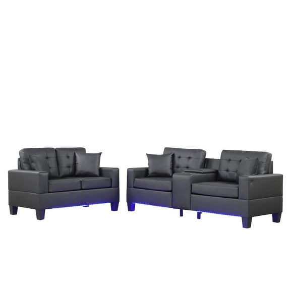 Genesis Black PVC Fabric Living Room Set w/ LED+USB+Strg+Cuphldrs+Tuft. Cushions