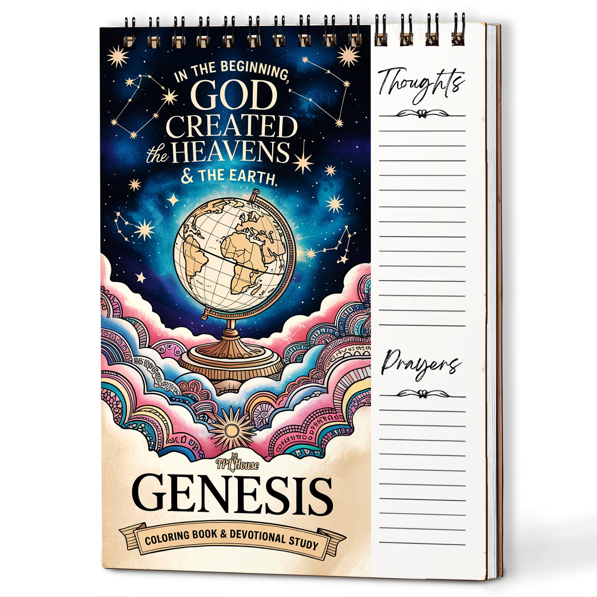 Genesis Coloring Book for Adults, 30 Minimalist Scripture Art Pages with Reflection & Prayer Space, Spiral Bound, A4 or A5 Softcover or Wood Cover