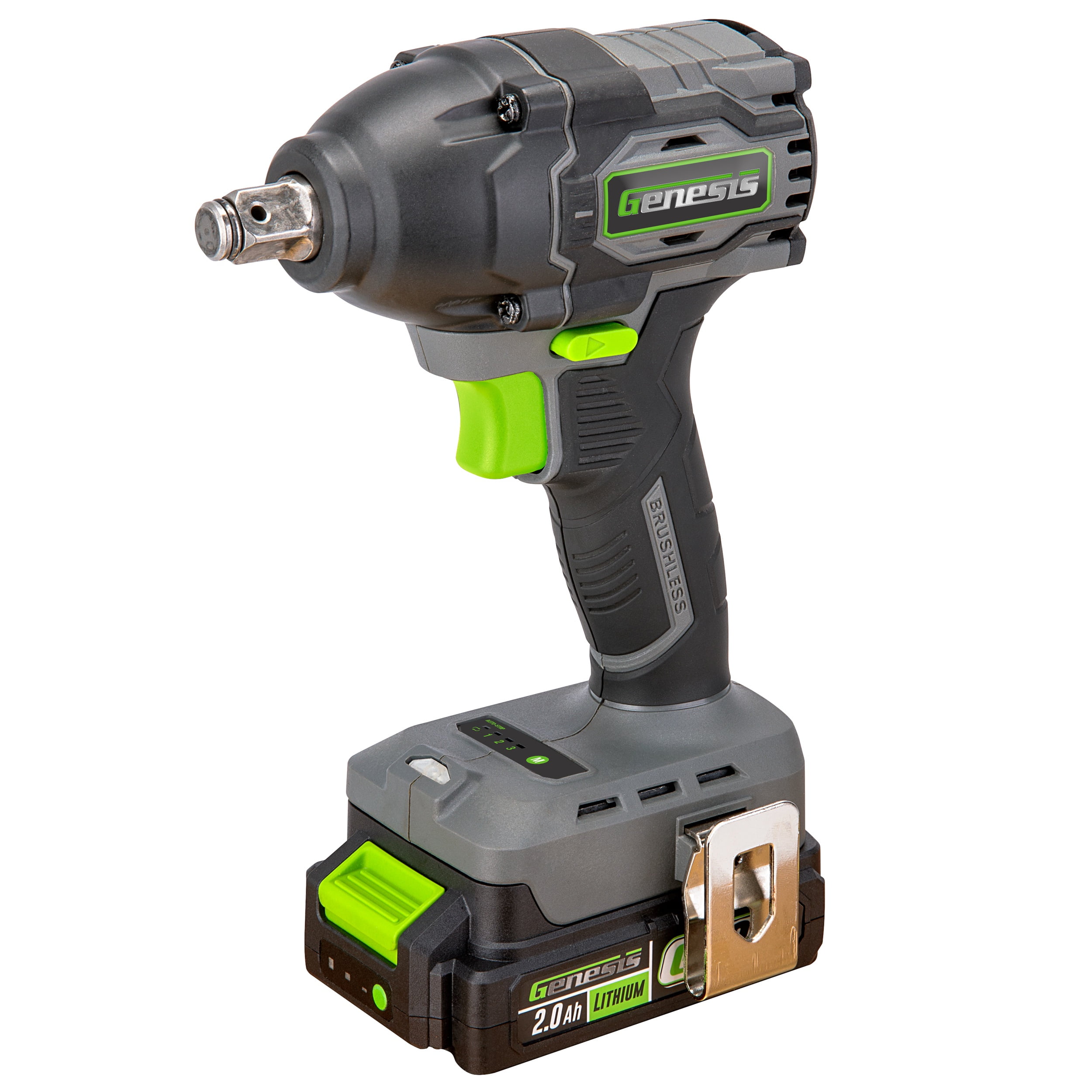 Genesis G20MAX 20V Brushless 1/2" Impact Wrench, 3 Speed, 400 ft-lbs torque, Auto Stop feature, with 2.0Ah Battery and Charger GLIW2012BH