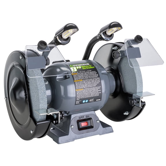 Genesis 3-Amp 3/4-HP Corded 8-In. Bench Grinder with 2 Wheels, Gooseneck Lights, Eye Shields, 5/8-In. Shaft, Cast Iron Base, Adjustable Tool Rests