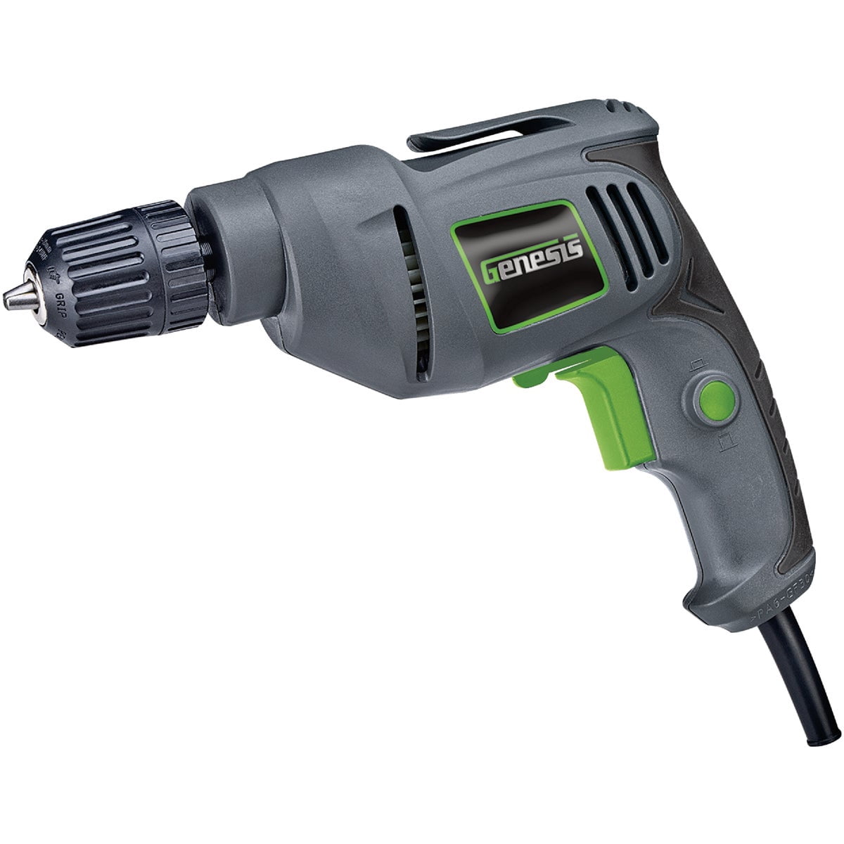 Genesis GD38B Variable Speed Reversible Electric Drill with 3/8-Inch Keyless Chuck, Belt Clip, Rubberized Grip, and Lock-On Button, Grey/Green
