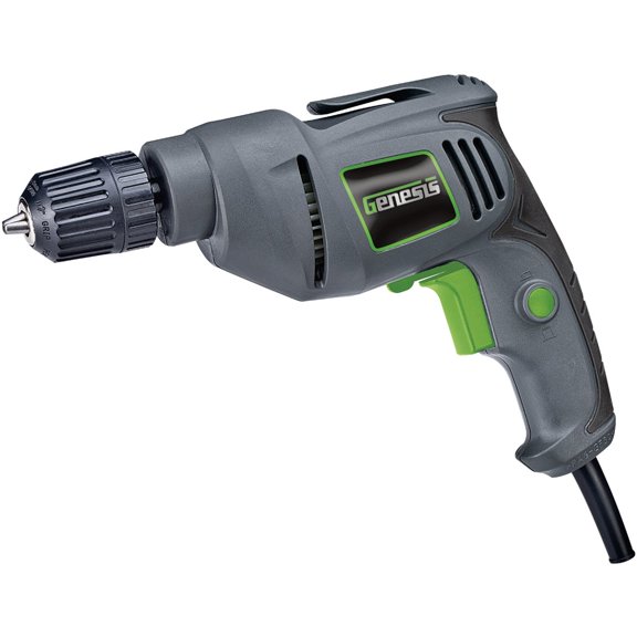 Genesis GD38B Variable Speed Reversible Electric Drill with 3/8-Inch Keyless Chuck, Belt Clip, Rubberized Grip, and Lock-On Button, Grey/Green