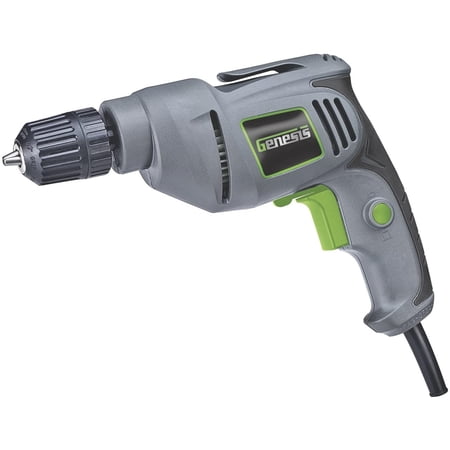 Genesis GD38B Variable Speed Reversible Electric Drill with 3/8-Inch Keyless Chuck, Belt Clip, Rubberized Grip, and Lock-On Button, Grey/Green
