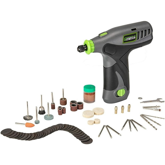 Genesis GLRT08-B 8V Variable Speed Rotary Tool with Removeable Lithium-Ion Battery Pack, Charging Stand, 120-Volt ETL Wall Adapter, and 64-Piece Universal Accessory Set