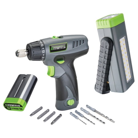 Genesis GLSD08B 8V Li-Ion 2-Speed Cordless Screwdriver, GLWL08B-A 500-Lumen Pocket Work Light/Spotlight & GLAB08B 8V Li-Ion Replacement Battery