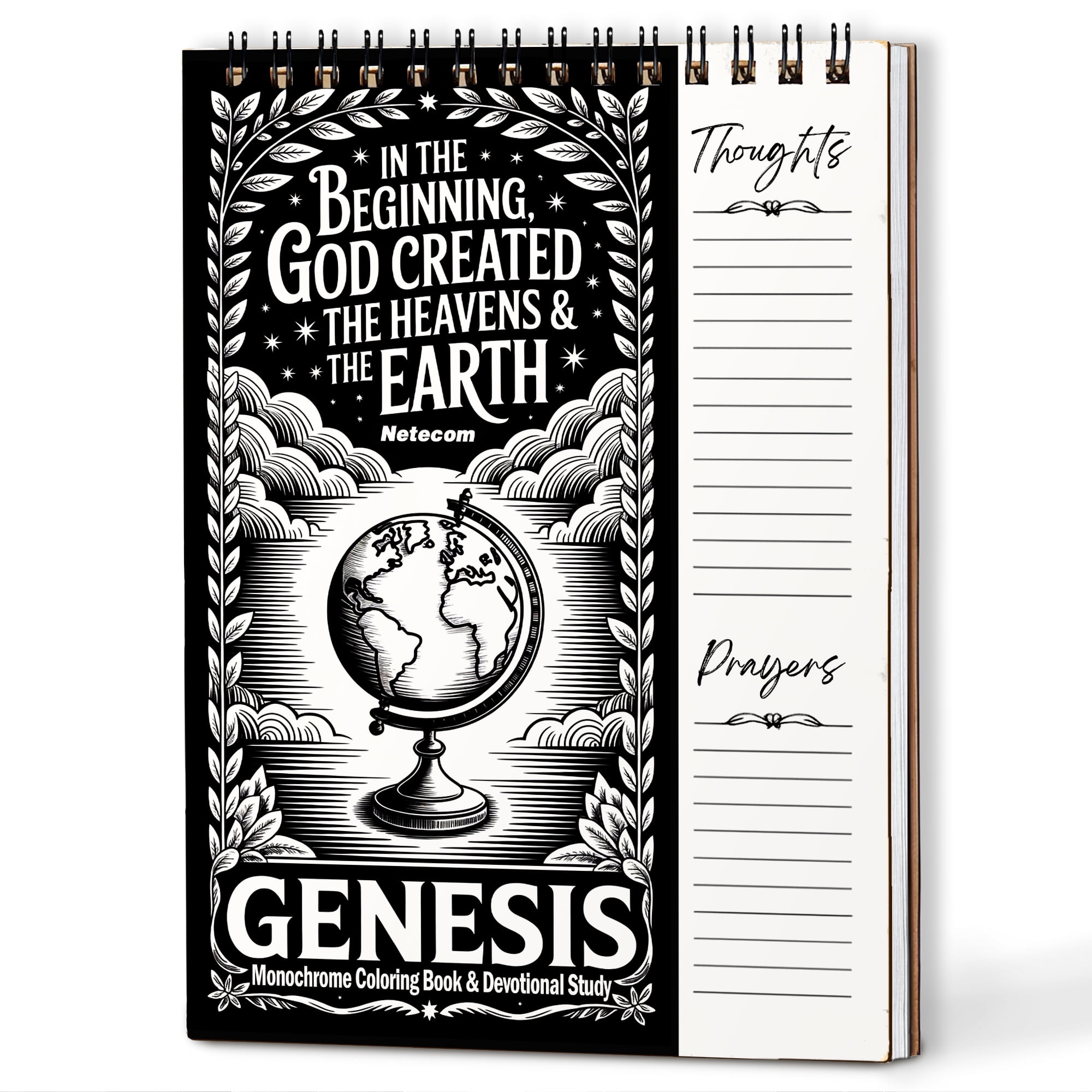 Genesis Monochrome Coloring Book for Adults, 30 Minimalist Scripture Art Pages with Reflection & Prayer Space, Spiral Bound, A4 or A5 Softcover or Wood Cover