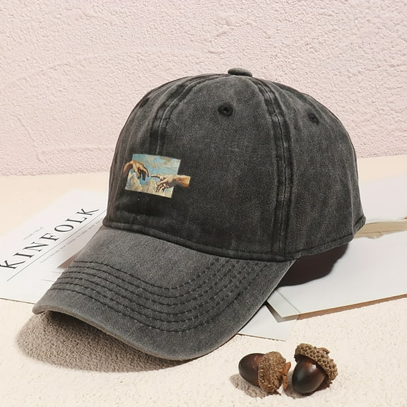 Genesis Oil Painting Sticker Washed Baseball Cap Fashion Retro Edgy Adjustable Unisex Hat for Men and Women