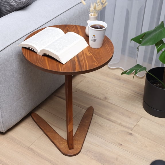 Genesis Woodesign C-Shaped End Table, Handmade Solid Wood Sofa Side Table, Slide Under Couch TV Tray for Living Room, Large Dark Walnut