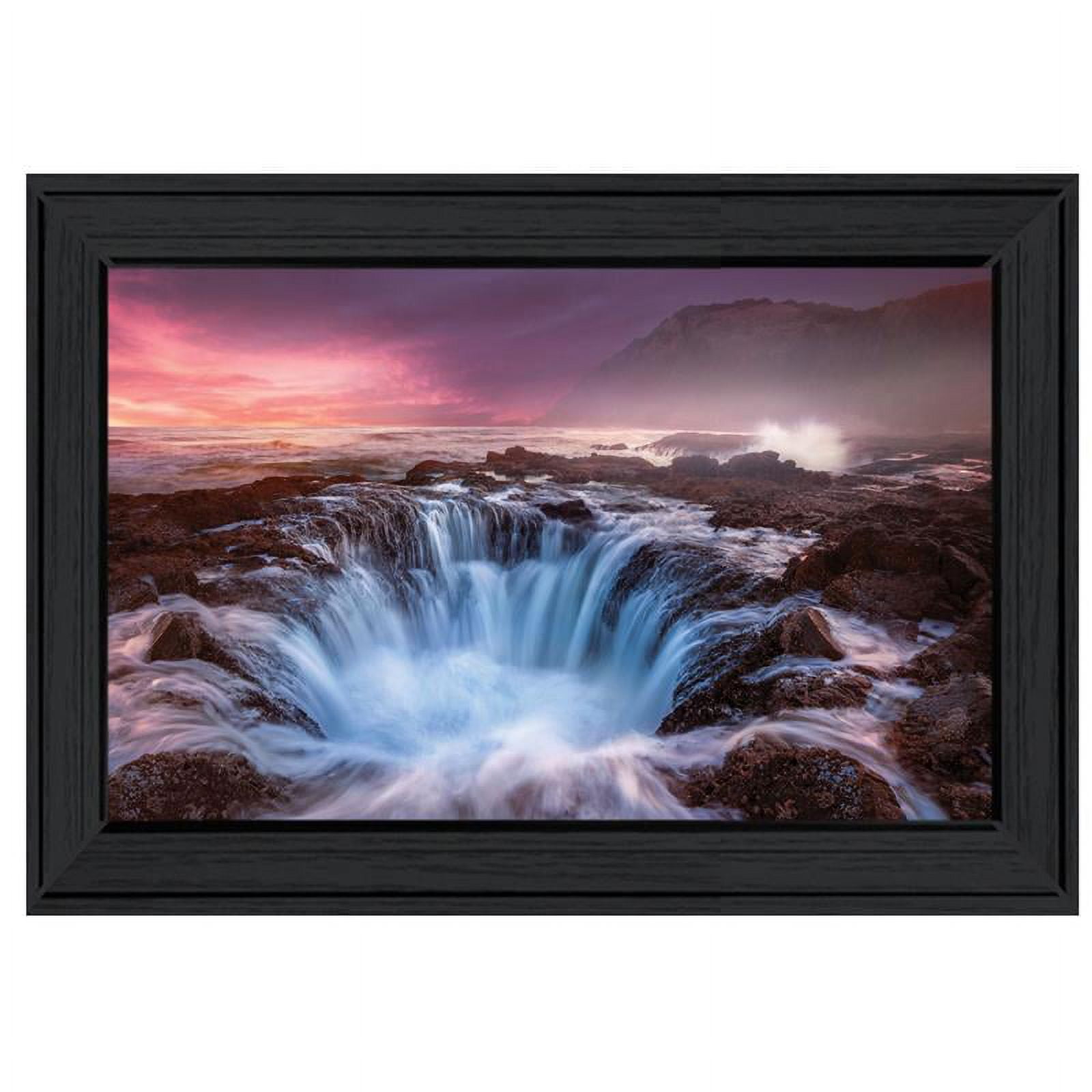 Black Framed Canvas Print of Waterfall at Sunset