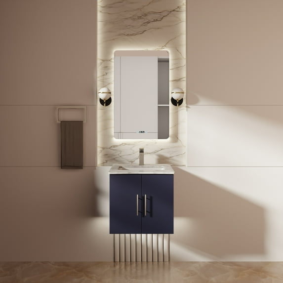 Geneva 24 in W x in D Navy Blue Single Bath Vanity Carrara Marble Top and 18 in Mirror