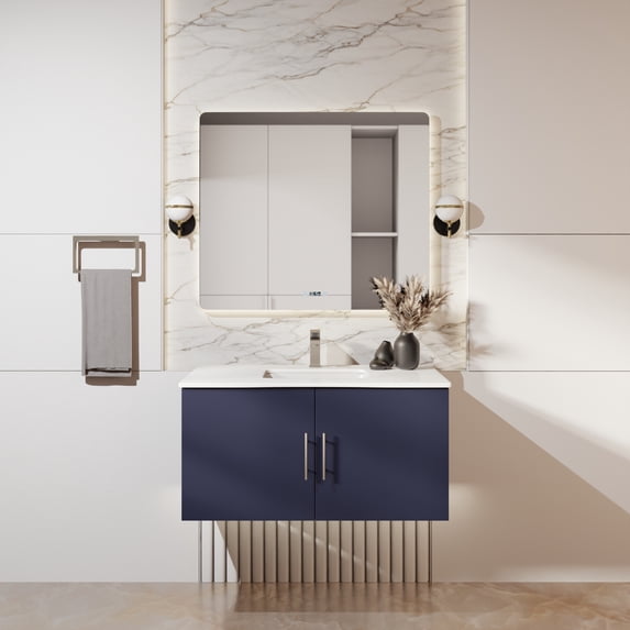 Geneva 36 in. W Navy Blue Bath Vanity and White Quartz Top